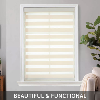 Joydeco Pro beige & white cordless zebra blinds, dual layer fabric, partially lowered for light control.