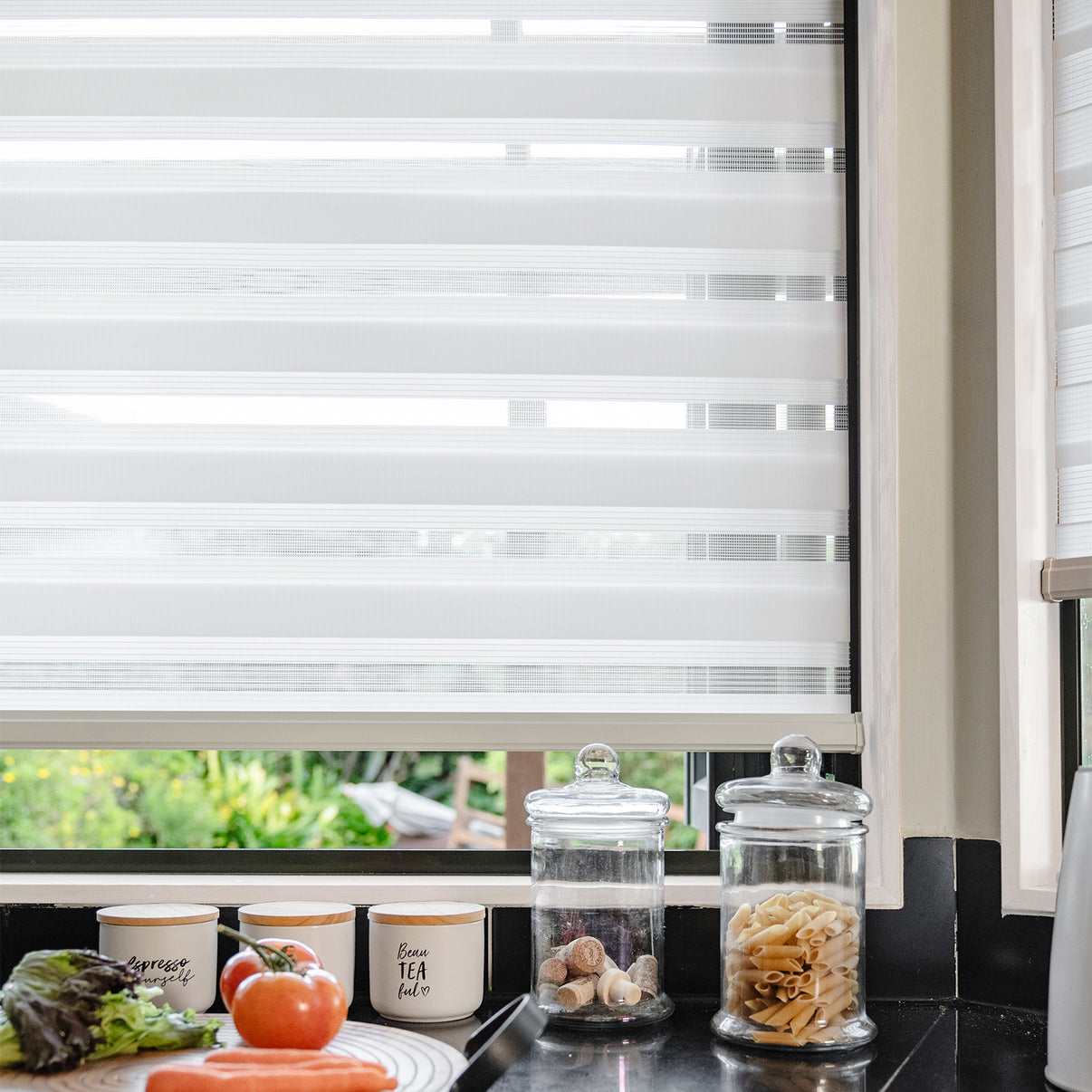 Marlow light filtering zebra shade: custom white window treatment with alternating sheer & solid bands.