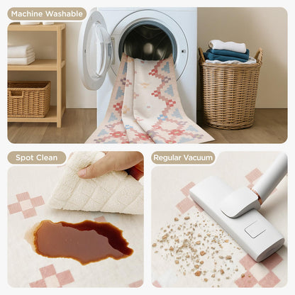 Joydeco Checkered Pink Kitchen Runner Rug Non Slip, Washable Bathroom, Modern Soft Low-Pile Ultra Thin Indoor Floor Throw Carpet for Bedroom Laundry Room Entrance Entryway