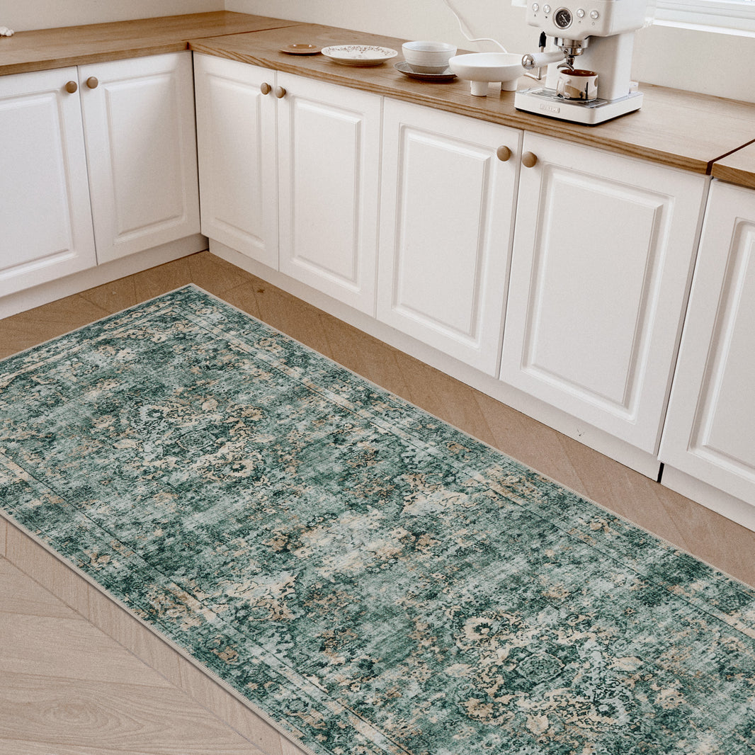 Joydeco teal vintage floral runner rug in kitchen. Machine washable, non-slip chenille print for entryway, bedroom, corridor.
