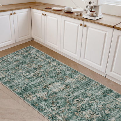 Joydeco teal vintage floral runner rug in kitchen. Machine washable, non-slip chenille print for entryway, bedroom, corridor.