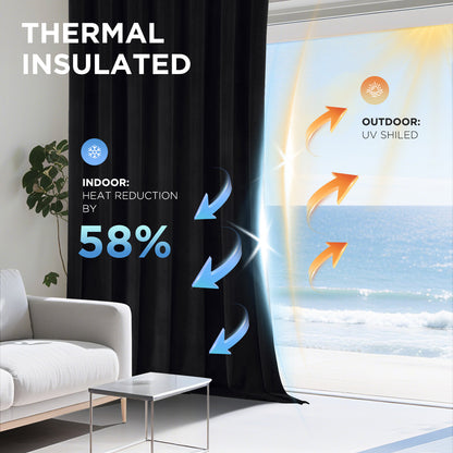 Joydeco black velvet blackout curtains insulate, reducing indoor heat by 58% and shielding from UV rays.