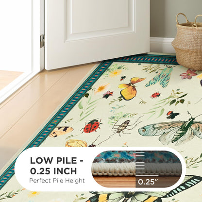 Joydeco Insect Bathroom Rugs Non Slip Washable, Floral Kitchen Rugs Non Slip, Soft Low-Pile Ultra Thin Boho Indoor Floor Throw Carpet for Entryway Bedroom Laundry Entrance