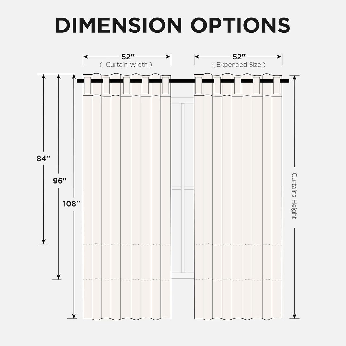Joydeco blackout curtain dimensions diagram: 52" width, 84", 96", or 108" height options.
