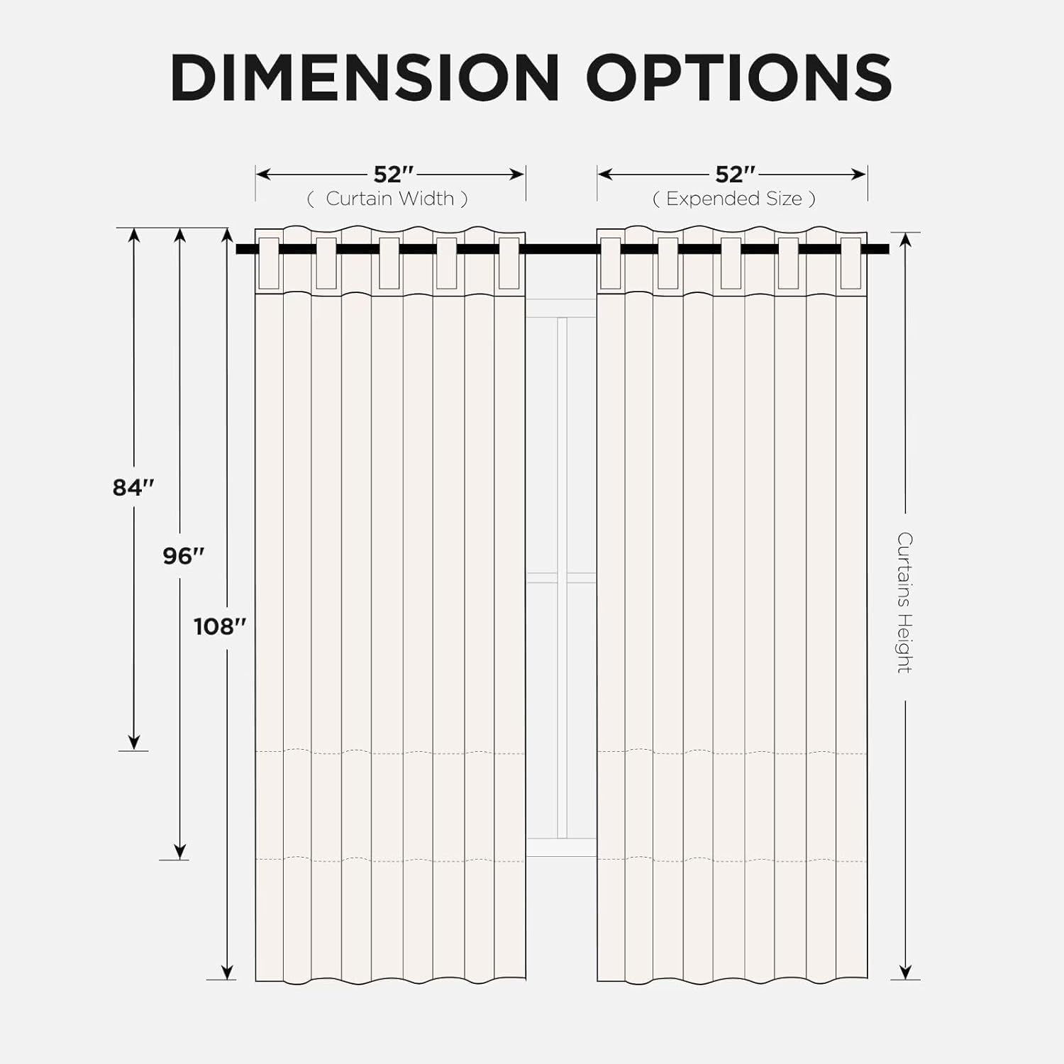 Joydeco blackout curtain dimensions diagram: 52" width, 84", 96", or 108" height options.