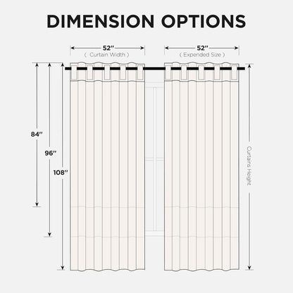 Joydeco blackout curtain dimensions diagram: 52" width, 84", 96", or 108" height options.