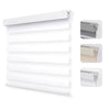White cordless zebra blind with alternating sheer and opaque bands. Includes mounting hardware in gray, beige, and white.
