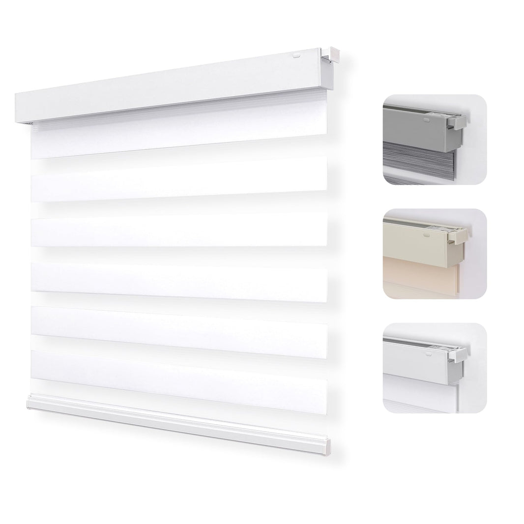 White cordless zebra blind with alternating sheer and opaque bands. Includes mounting hardware in gray, beige, and white.