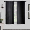 Black polyester blackout curtains 72 inch long, room darkening drapes with rod pocket and back tab design on a window.