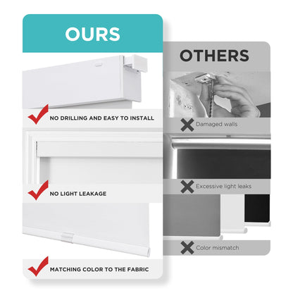 Joydeco no-drill blackout shades: easy install, no light leaks, no wall damage. Competitor shades cause drilling & leaks.