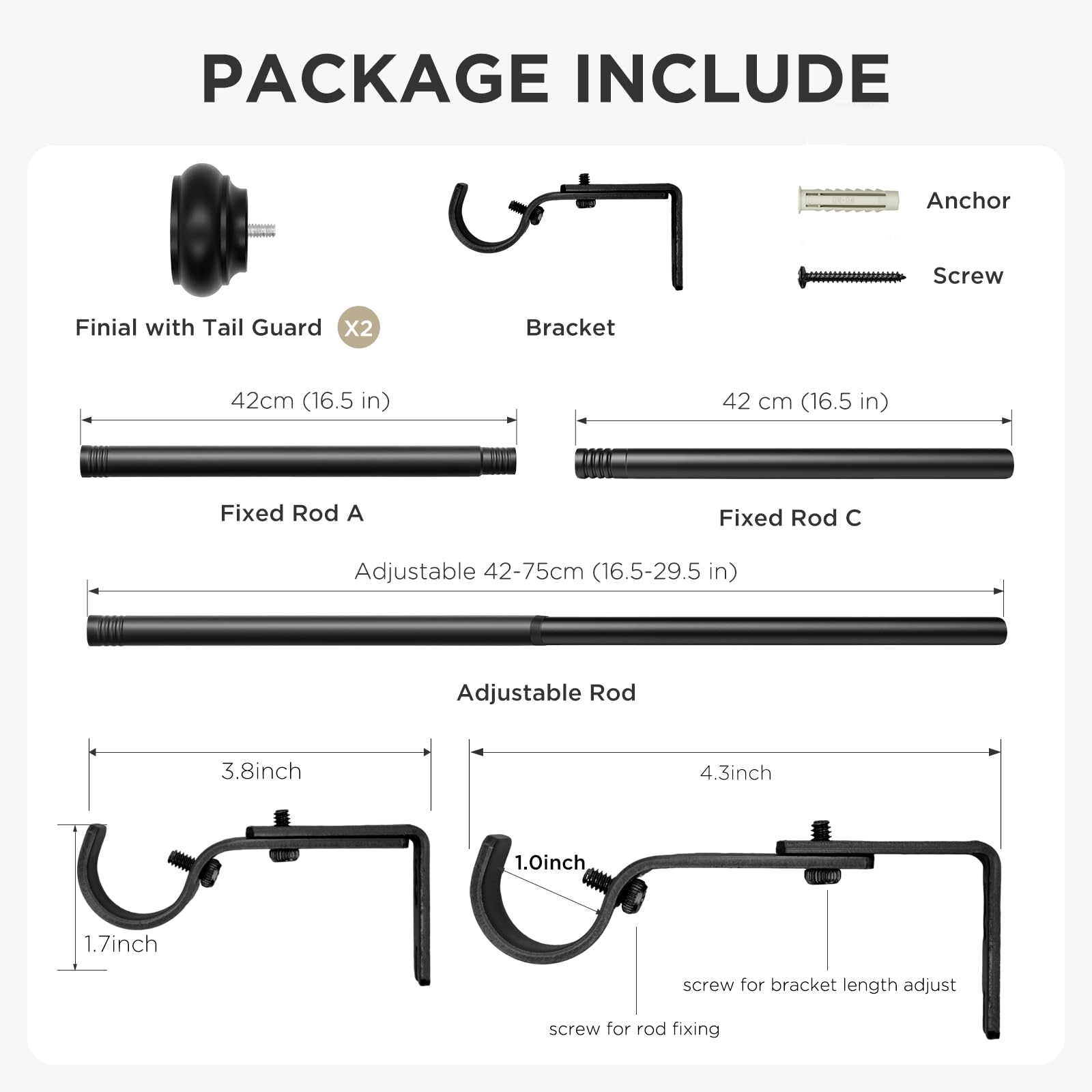 Joydeco adjustable curtain rod parts, 1-inch diameter, with finials, brackets, rods, screws, and labeled dimensions.