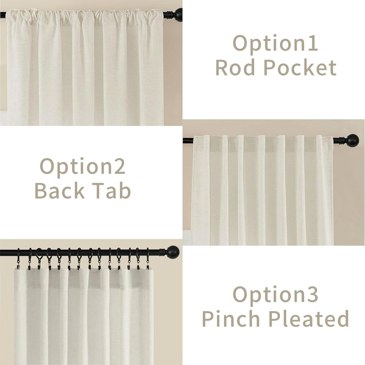 Joydeco semi-sheer off-white linen blend curtains installation options: Rod Pocket, Back Tab, and Pinch Pleated.