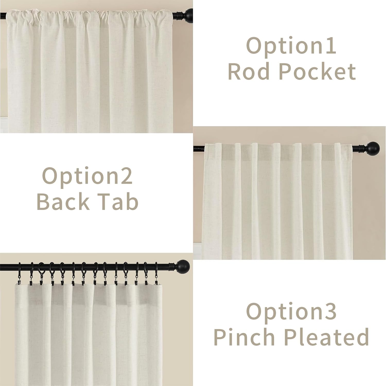 Joydeco semi-sheer off-white linen blend curtains installation options: Rod Pocket, Back Tab, and Pinch Pleated.