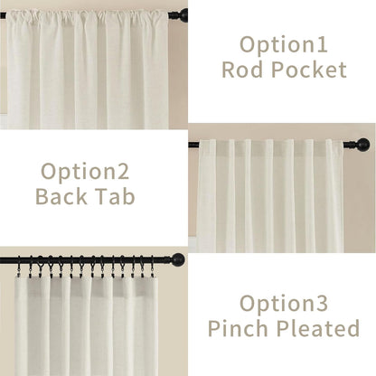 Joydeco semi-sheer off-white linen blend curtains installation options: Rod Pocket, Back Tab, and Pinch Pleated.