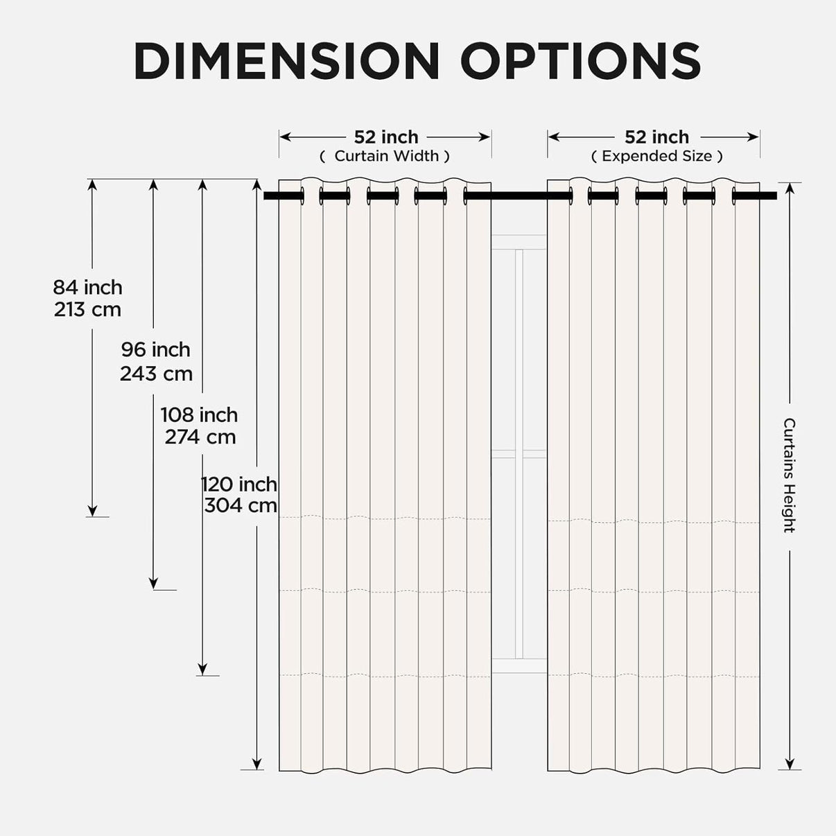 Diagram showing Joydeco 52 inch wide blackout curtains in heights 84, 96, 108, 120 inches for living room or bedroom windows.