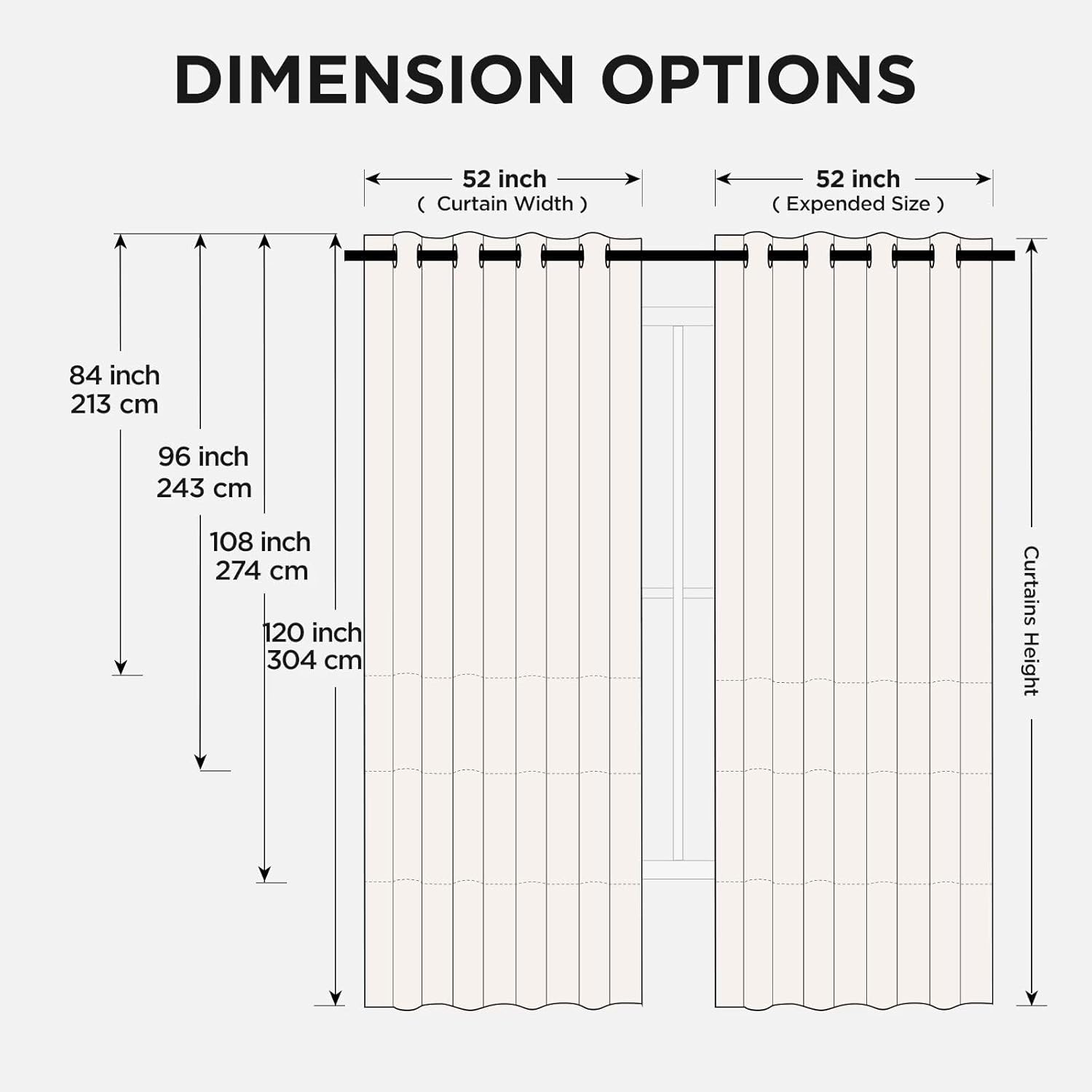 Diagram showing Joydeco 52 inch wide blackout curtains in heights 84, 96, 108, 120 inches for living room or bedroom windows.