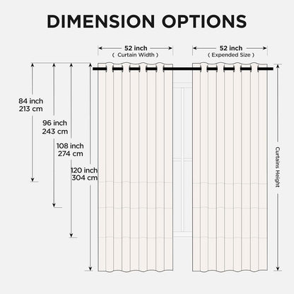 Diagram showing Joydeco 52 inch wide blackout curtains in heights 84, 96, 108, 120 inches for living room or bedroom windows.