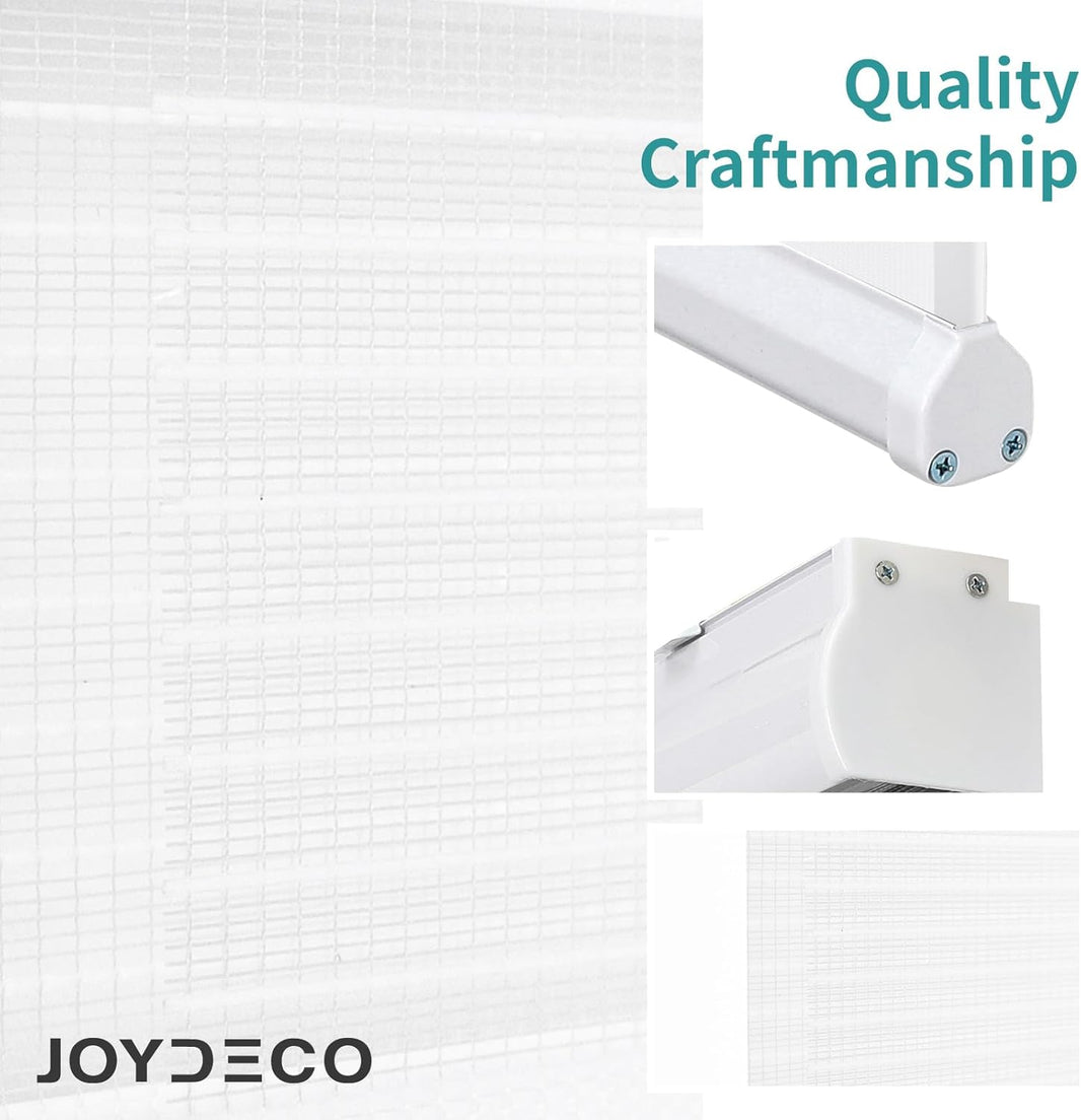 Close-up of white Joydeco cordless zebra blinds construction: dual-layer fabric detail and mounting hardware.