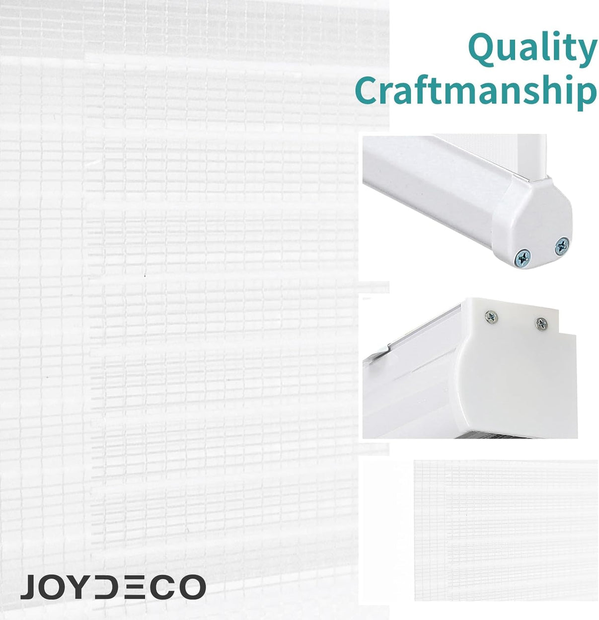 Close-up of white Joydeco cordless zebra blinds construction: dual-layer fabric detail and mounting hardware.