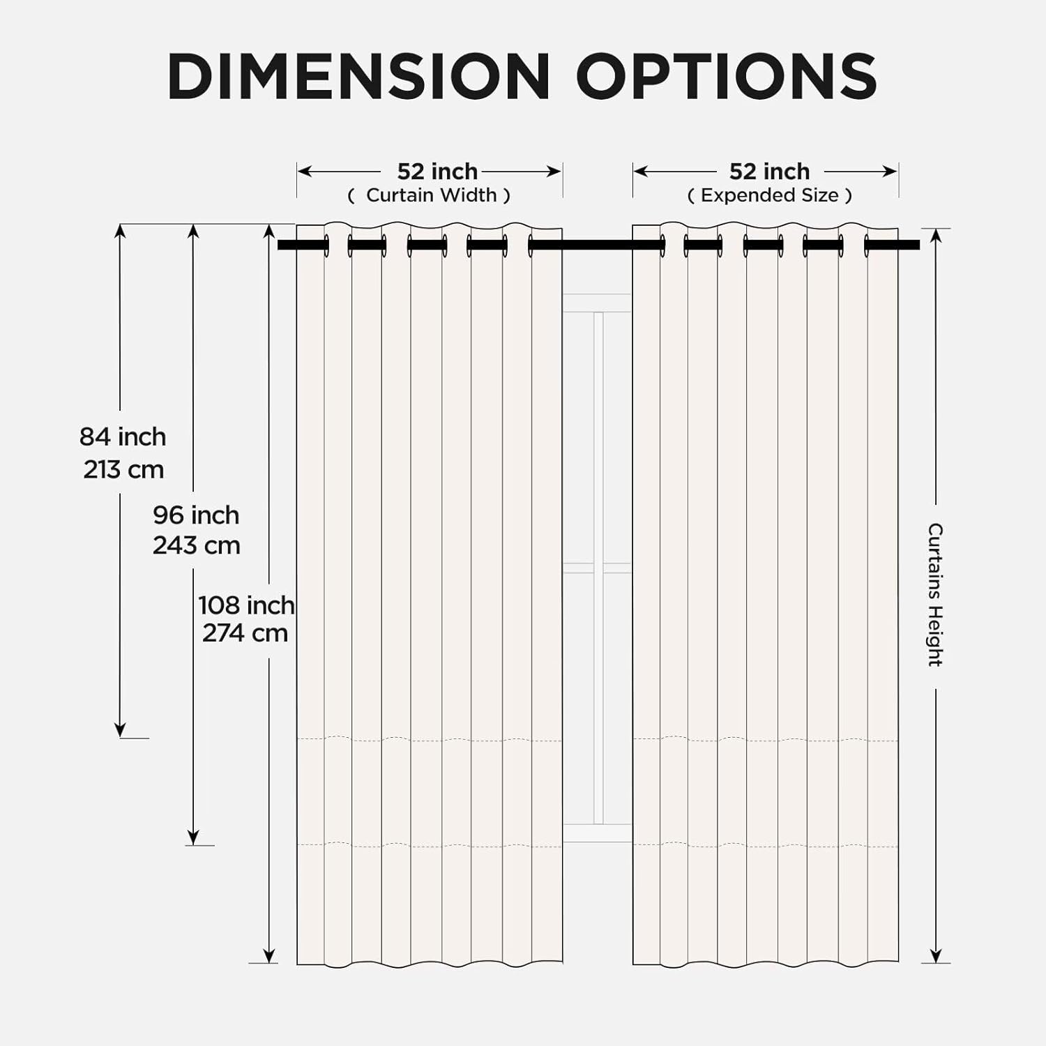 Joydeco blackout grommet curtain panel size guide: 52" wide, showing 72" to 120" length options.