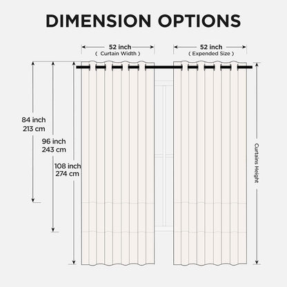 Joydeco blackout grommet curtain panel size guide: 52" wide, showing 72" to 120" length options.