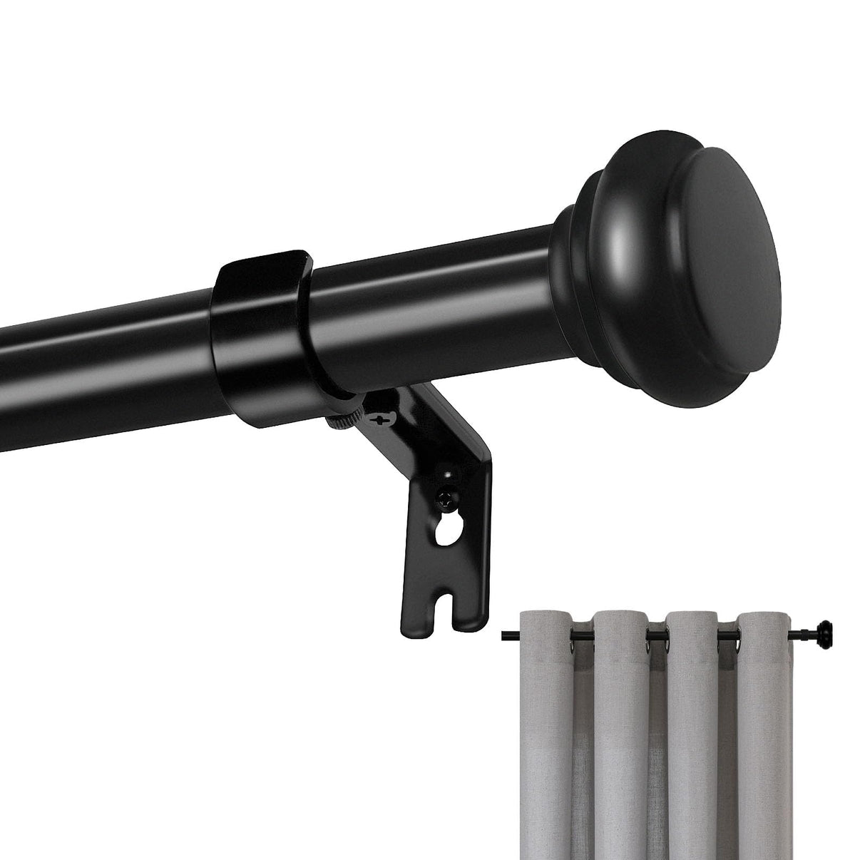 Joydeco black adjustable curtain rod with layered finial, bracket, and light gray grommet curtains - product detail view.