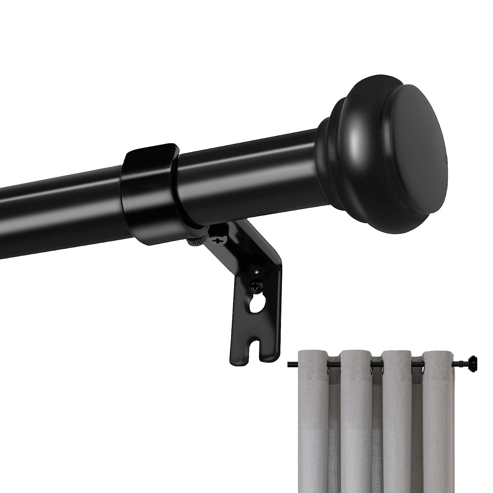 Joydeco black adjustable curtain rod with layered finial, bracket, and light gray grommet curtains - product detail view.