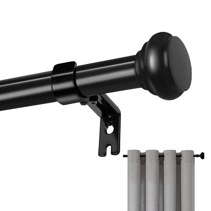 Joydeco black adjustable curtain rod with layered finial, bracket, and light gray grommet curtains - product detail view.