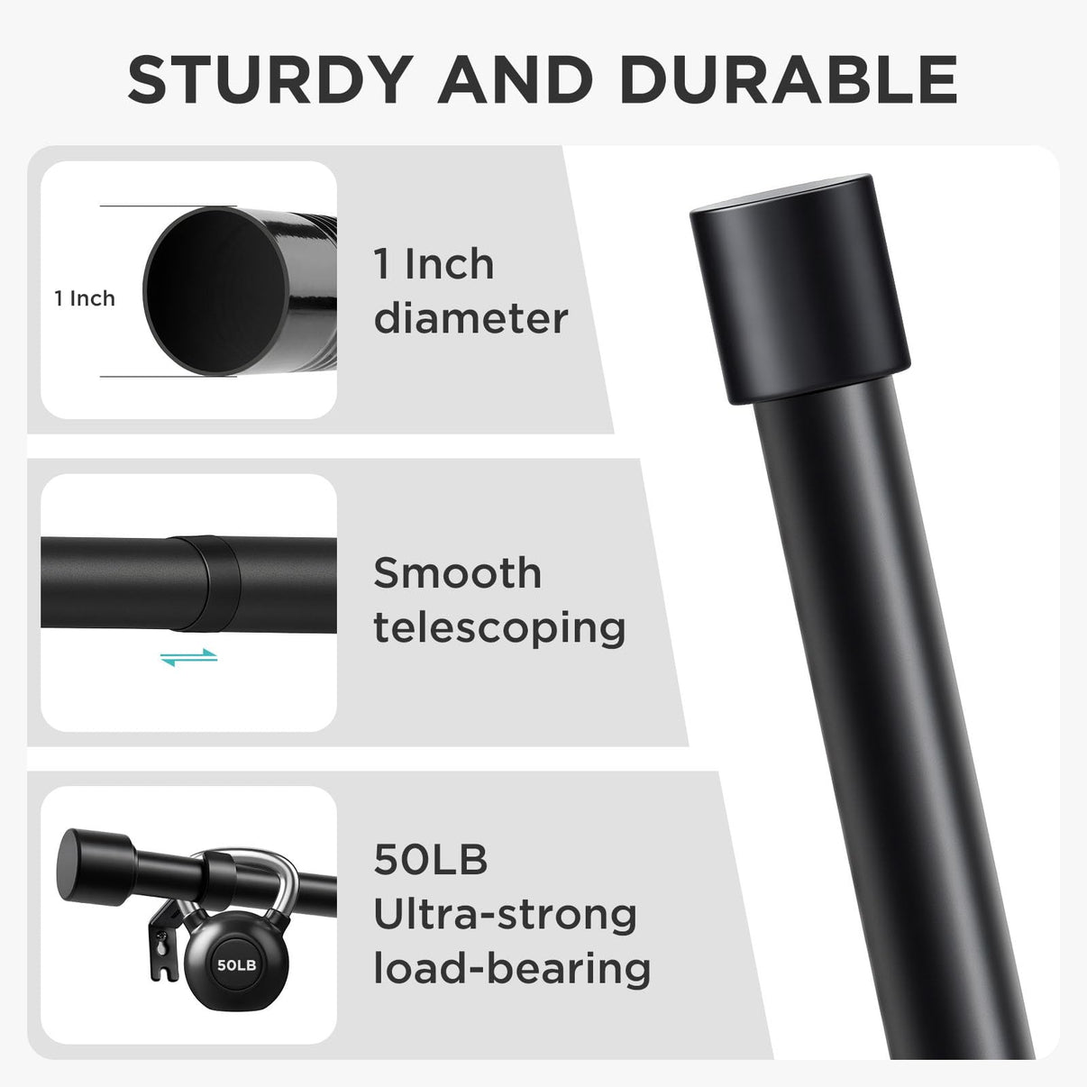 Joydeco matte black 1" curtain rod: adjustable, 50lb capacity. Highlights durability & telescoping feature.