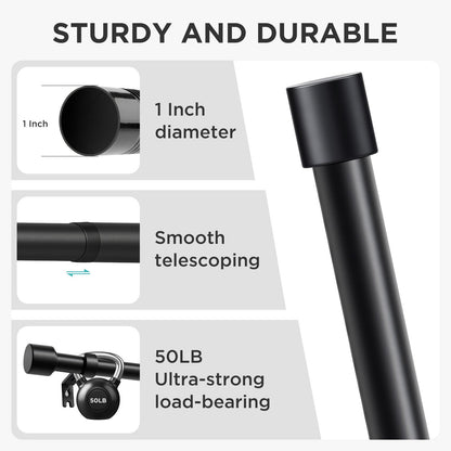 Joydeco matte black 1" curtain rod: adjustable, 50lb capacity. Highlights durability & telescoping feature.