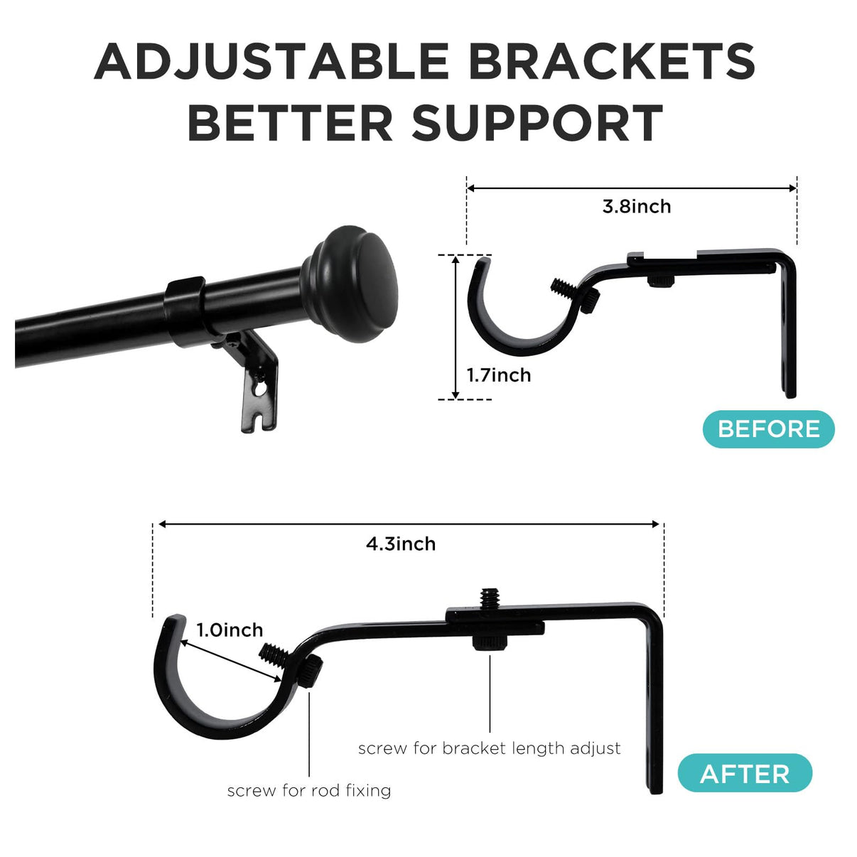 Joydeco heavy duty adjustable curtain rod brackets: Before (1.7" H x 3.8" W) vs After (4.3" W) for improved support.