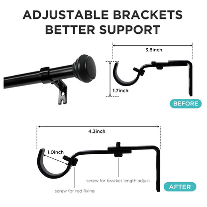 Joydeco heavy duty adjustable curtain rod brackets: Before (1.7" H x 3.8" W) vs After (4.3" W) for improved support.