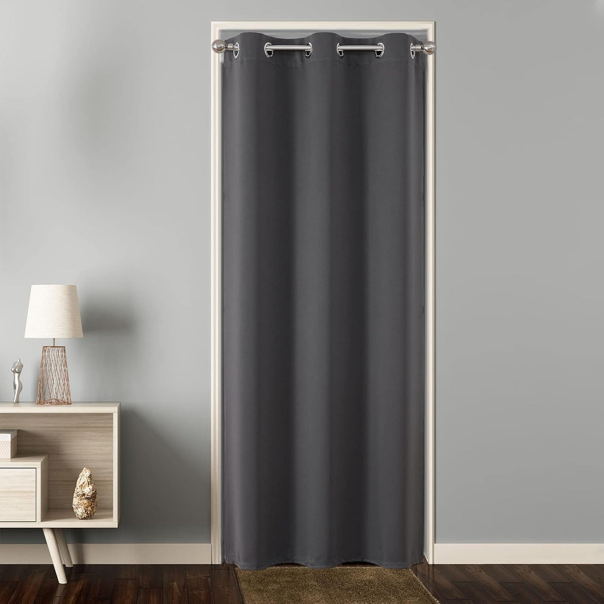 Grey blackout door curtain with silver grommets for doorway privacy, room divider, closet, bedroom, living room.