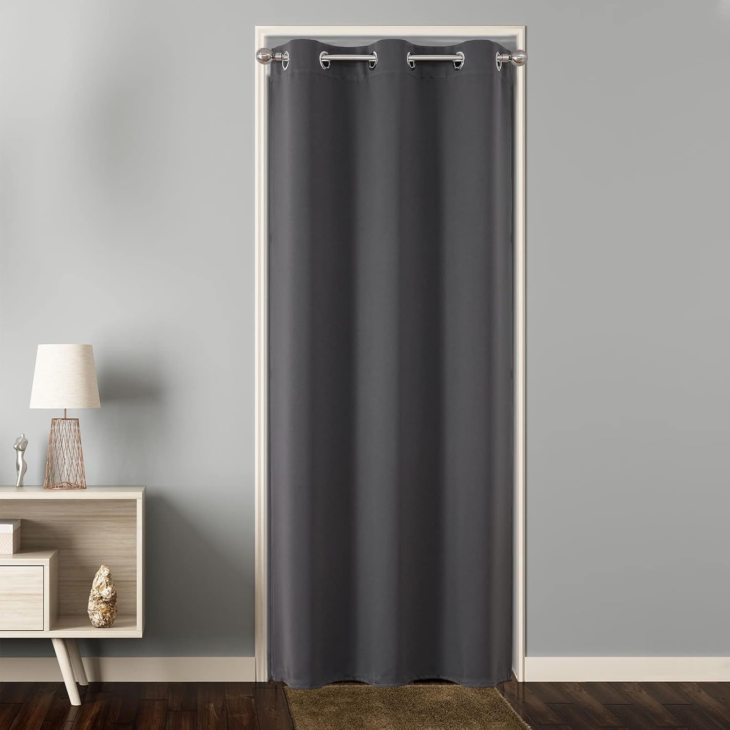 Grey blackout door curtain with silver grommets for doorway privacy, room divider, closet, bedroom, living room.