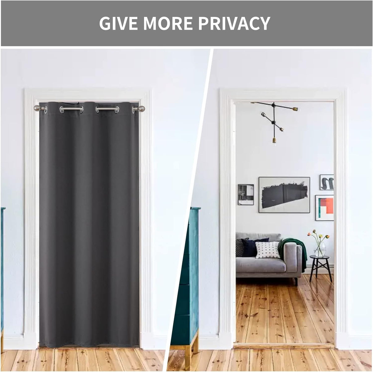 Dark gray blackout grommet room divider curtain, shown closed for privacy and open to living room.