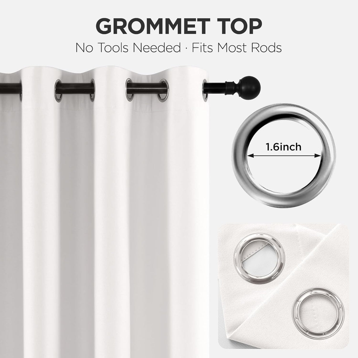 Joydeco white blackout curtains with 1.6-inch grommet tops, easy to install on most curtain rods.