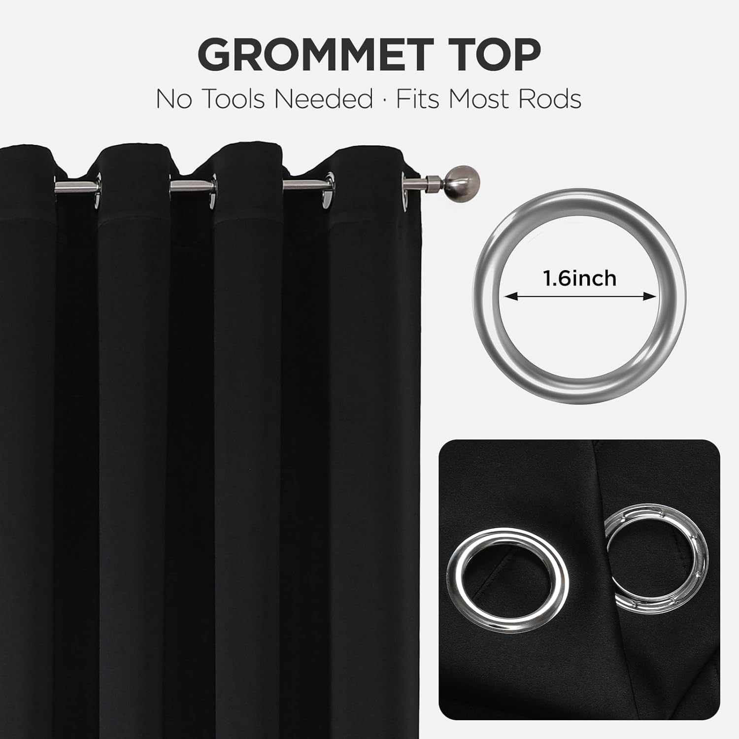Black blackout curtains with 1.6-inch grommets, easy to install on most rods for sliding doors or room dividers.