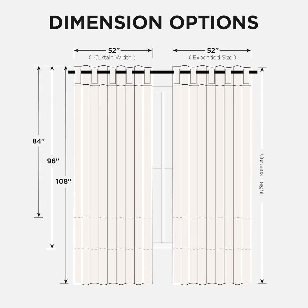 Diagram illustrating Joydeco blackout curtain dimensions for two rod-pocket panels: 52" width, 84", 96", or 108" length options.