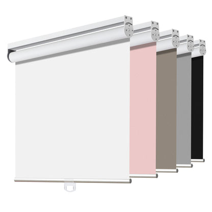 Joydeco cordless blackout roller shades in white, pink, taupe, gray, and black, showcasing available colors.