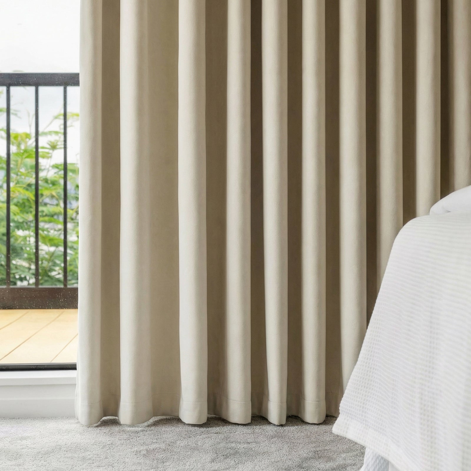 Everly heavyweight chenille room darkening curtain, beige color.