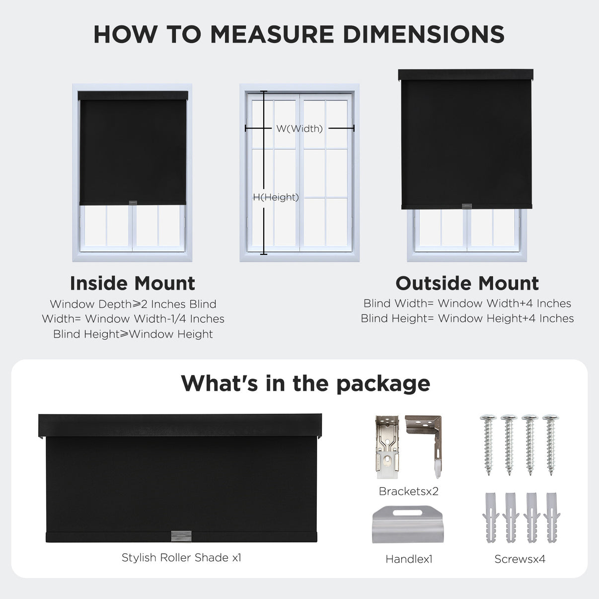 Diagrams for inside/outside mount roller shades and package contents: blackout shade, brackets, handle, screws.