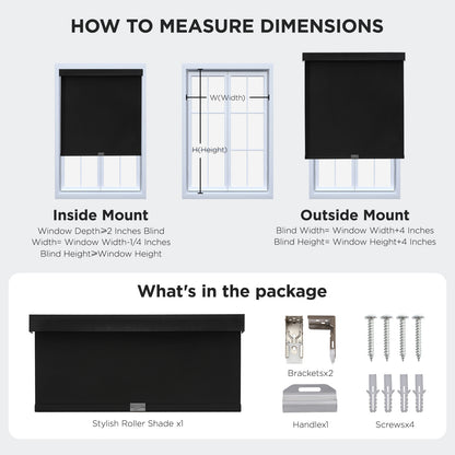 Diagrams for inside/outside mount roller shades and package contents: blackout shade, brackets, handle, screws.