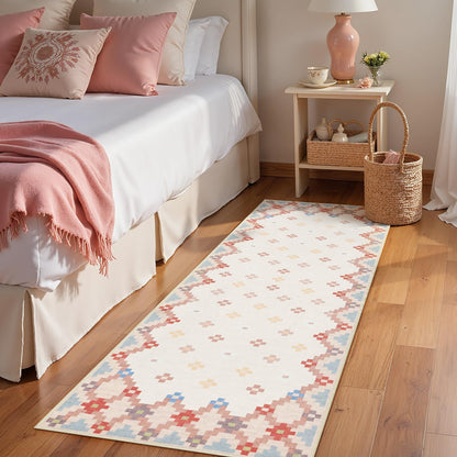Joydeco Checkered Pink Kitchen Runner Rug Non Slip, Washable Bathroom, Modern Soft Low-Pile Ultra Thin Indoor Floor Throw Carpet for Bedroom Laundry Room Entrance Entryway