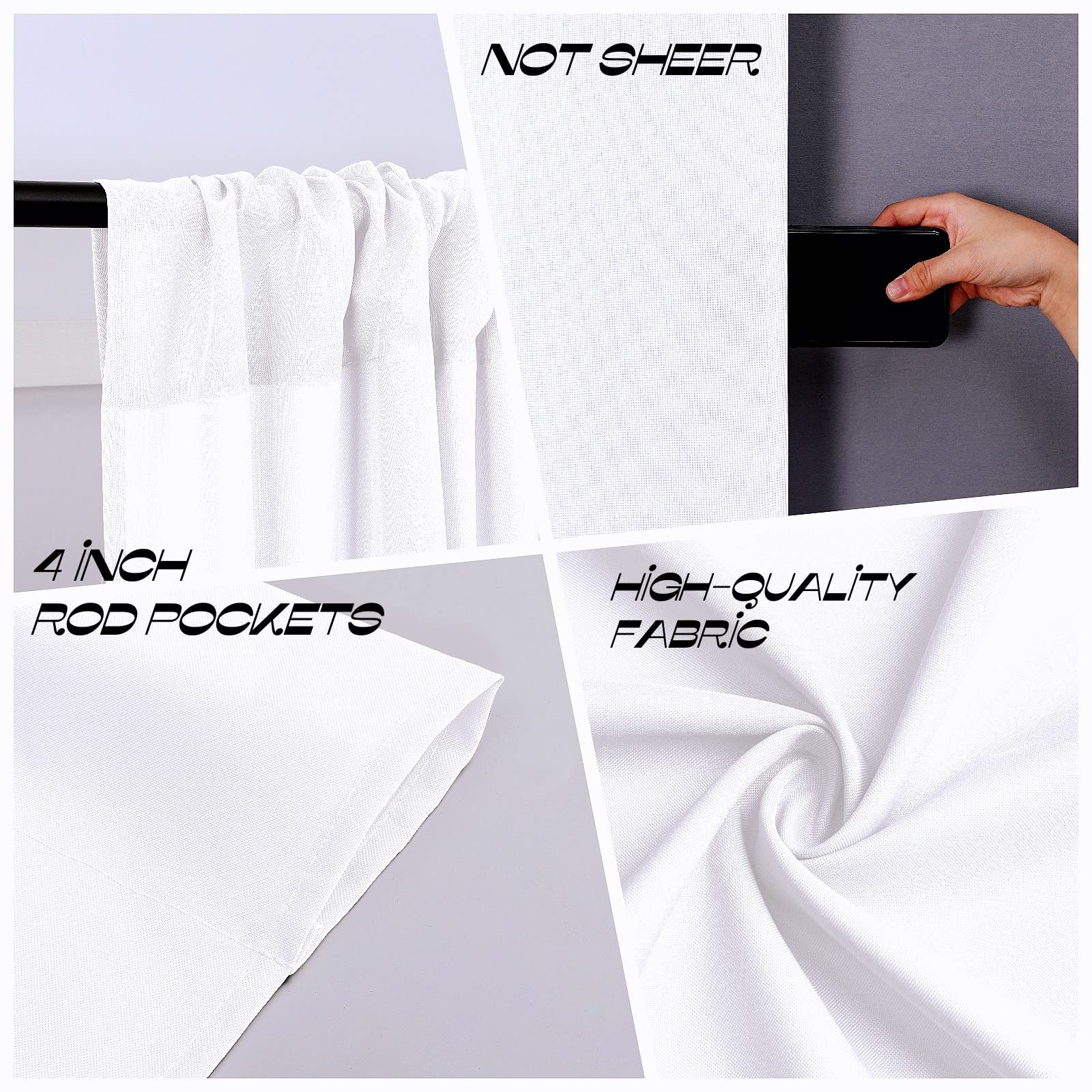 White polyester backdrop curtain detail: 4-inch rod pocket, non-sheer fabric, and quality texture for party decor.