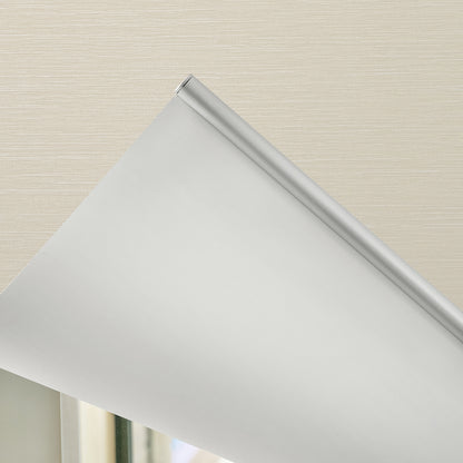 Ashby light grey blackout roller shade with silver hardware, plain weave fabric.