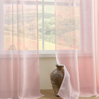 Joydeco pink sheer curtains with linen texture in a living room window, light filtering, 108 inches long, 2 panels.