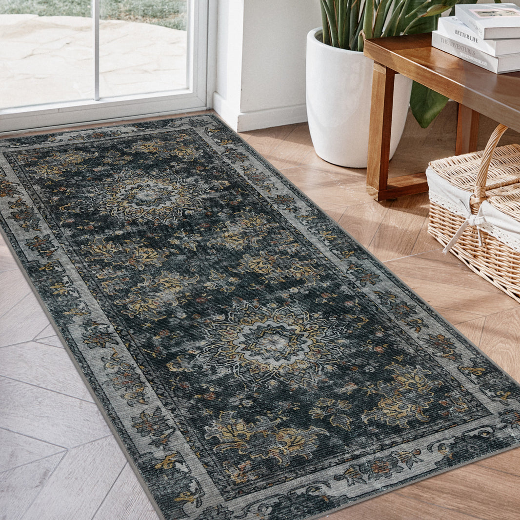 Joydeco Runner Rug Non Slip Machine Washable Vintage Rug, Low Pile Non Slip Chenille Print Rugs for Living Room, Entryway, Bedroom, Kitchen and Corridor, Bathroom