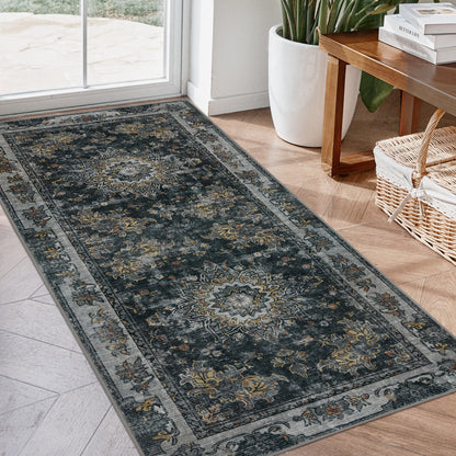 Joydeco Runner Rug Non Slip Machine Washable Vintage Rug, Low Pile Non Slip Chenille Print Rugs for Living Room, Entryway, Bedroom, Kitchen and Corridor, Bathroom