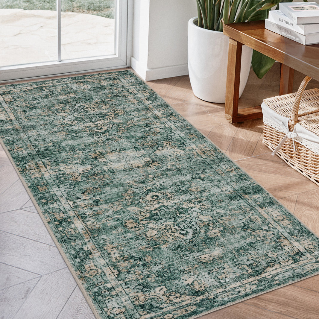 Joydeco distressed floral runner rug in teal and beige, low pile, non-slip, entryway display.