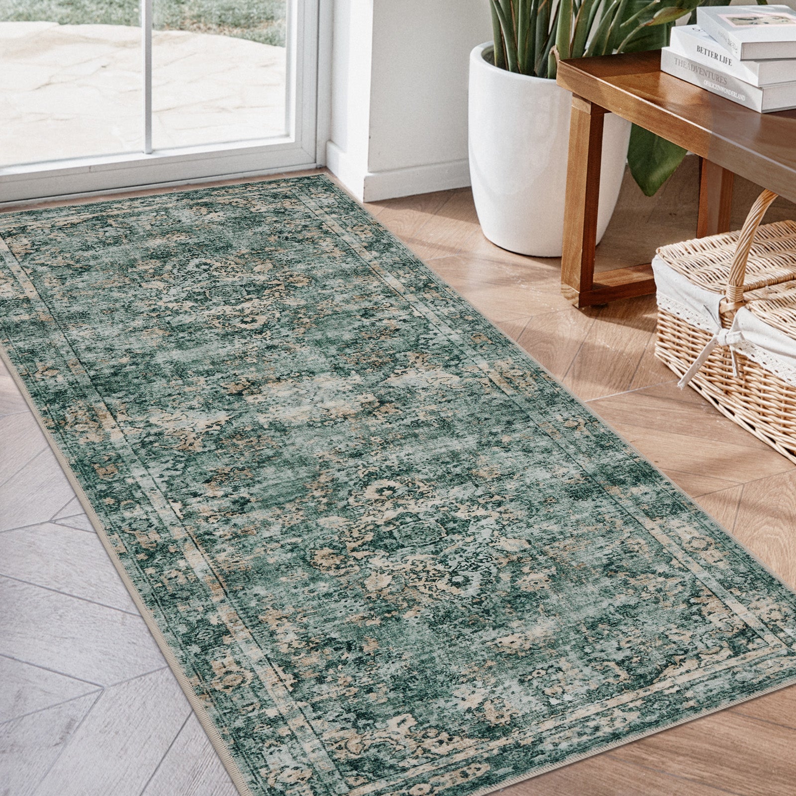 Joydeco distressed floral runner rug in teal and beige, low pile, non-slip, entryway display.